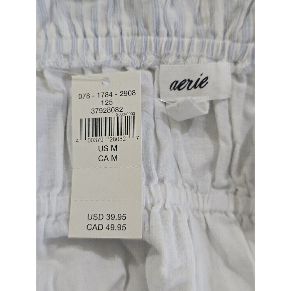 AERIE Button Front Crop Top Size M Striped Smocked Shoulder Tie Prairie Coquette - Picture 9 of 11
